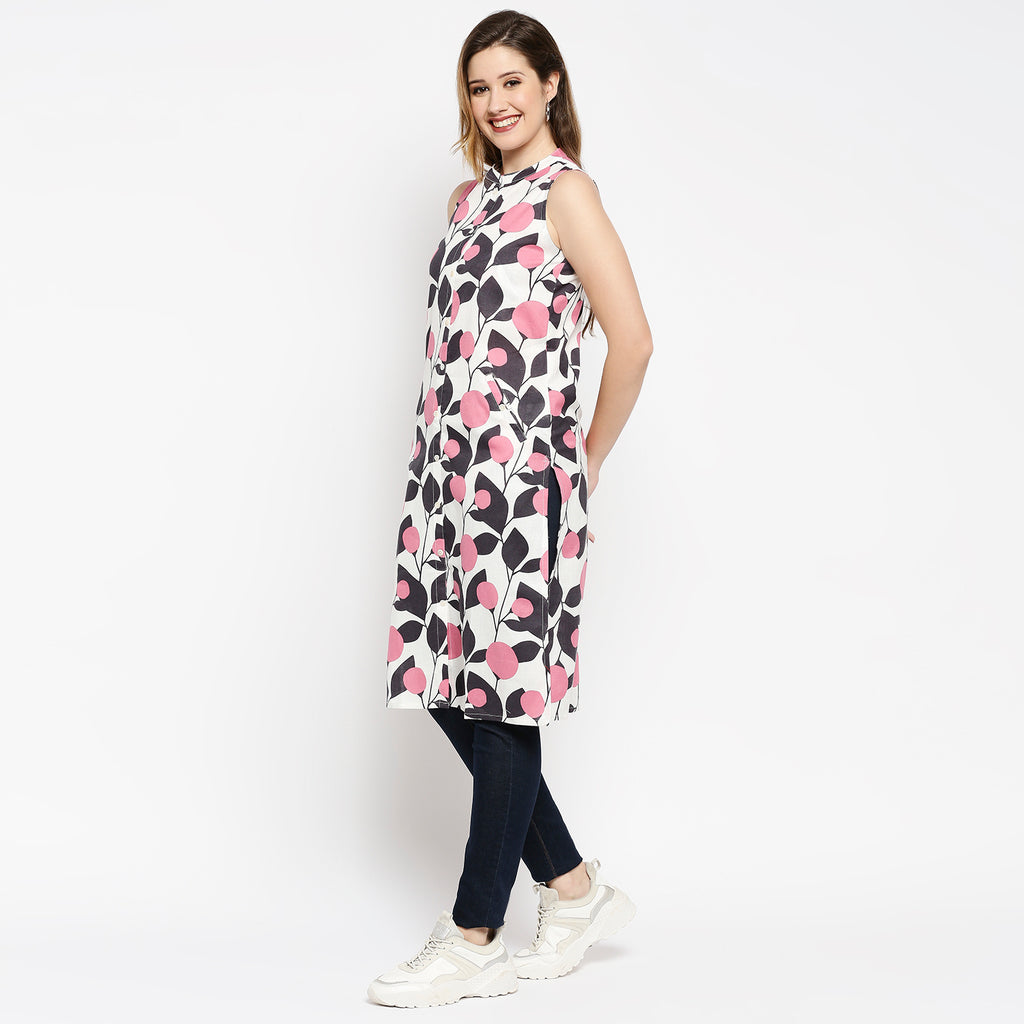 Women's Pink Cotton Flax Printed Kurta