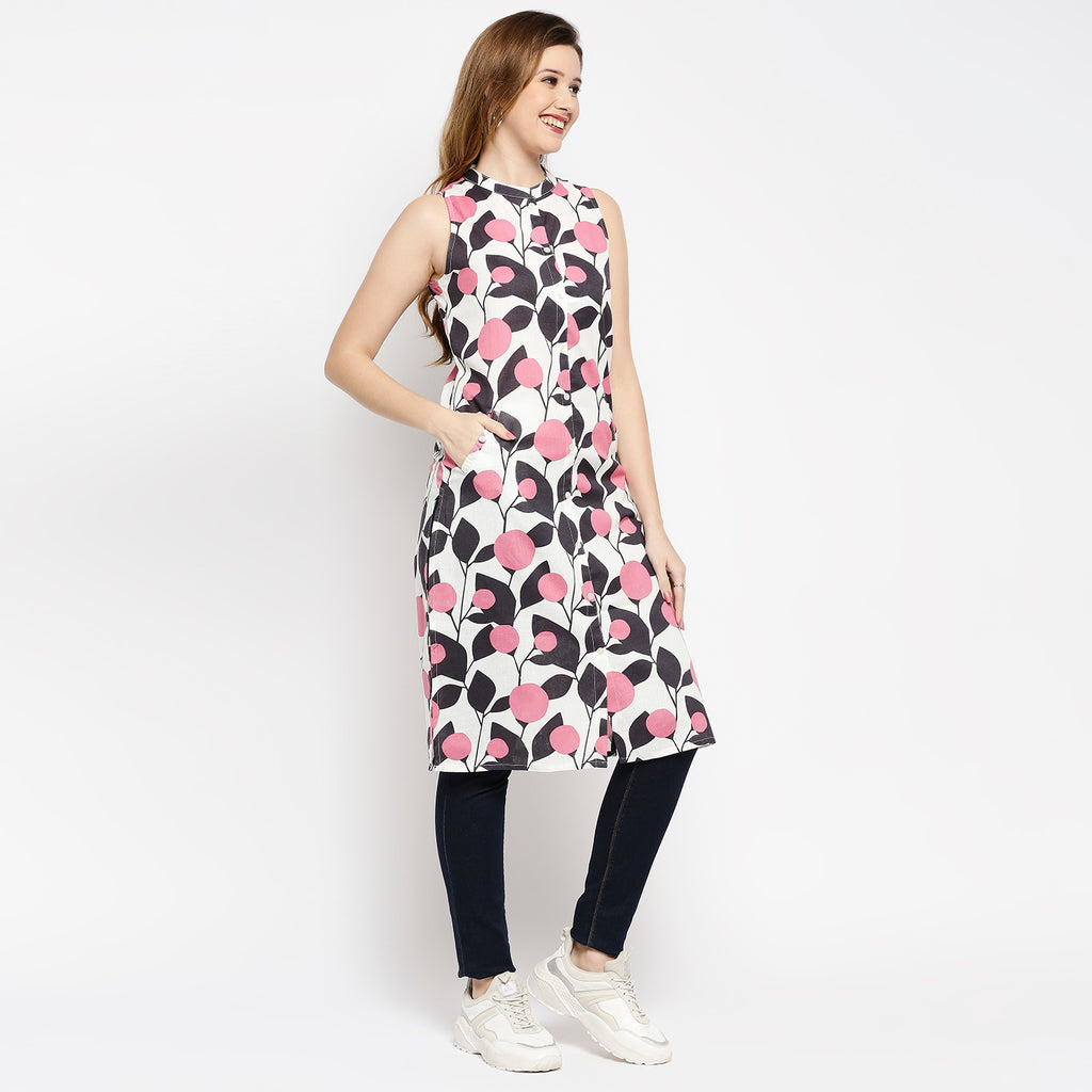 Women's Pink Cotton Flax Printed Kurta