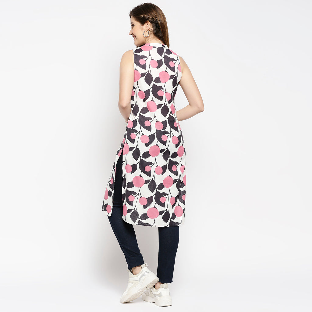 Women's Pink Cotton Flax Printed Kurta