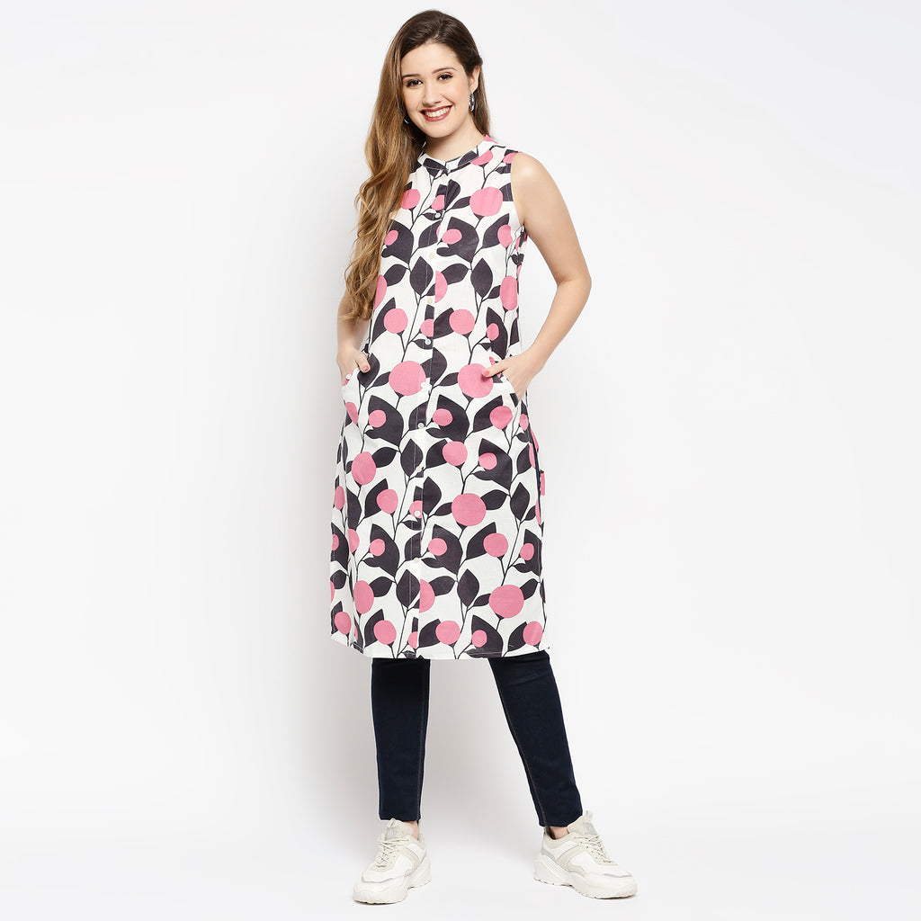 Women's Pink Cotton Flax Printed Kurta
