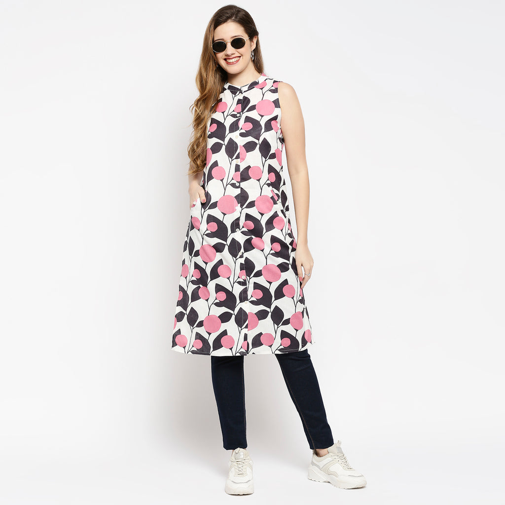 Women's Pink Cotton Flax Printed Kurta