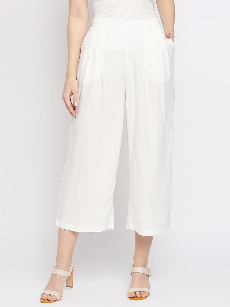 Women's Off White 100% Viscose Solid Palazzo