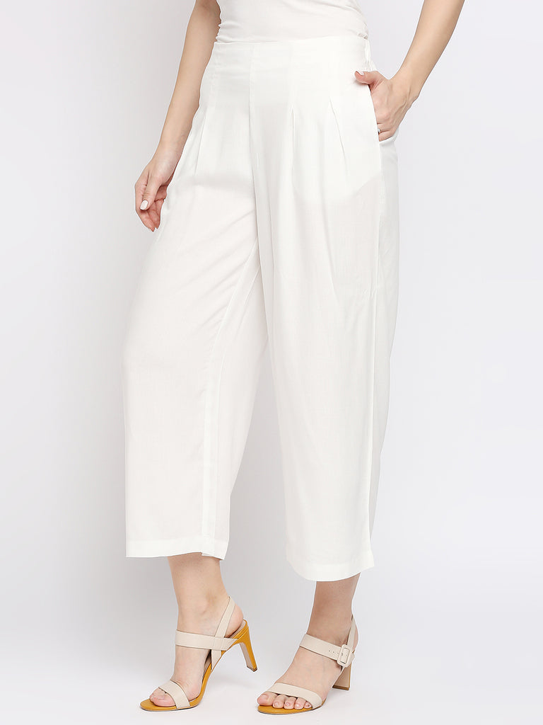 Women's Off White 100% Viscose Solid Palazzo
