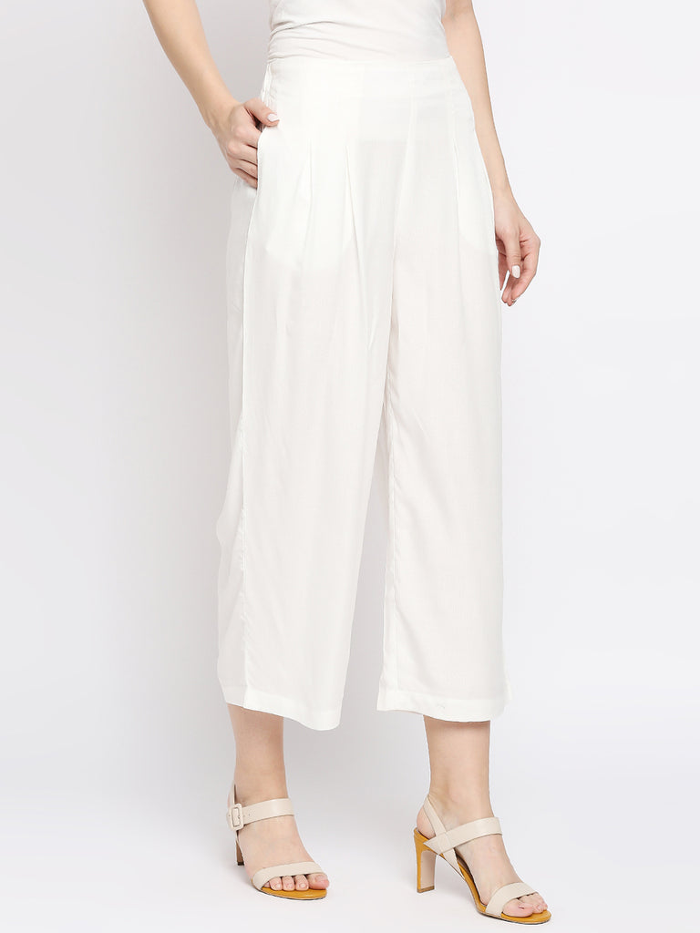 Women's Off White 100% Viscose Solid Palazzo