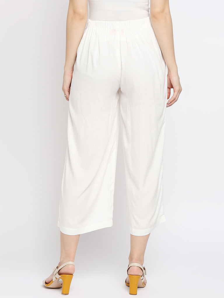 Women's Off White 100% Viscose Solid Palazzo