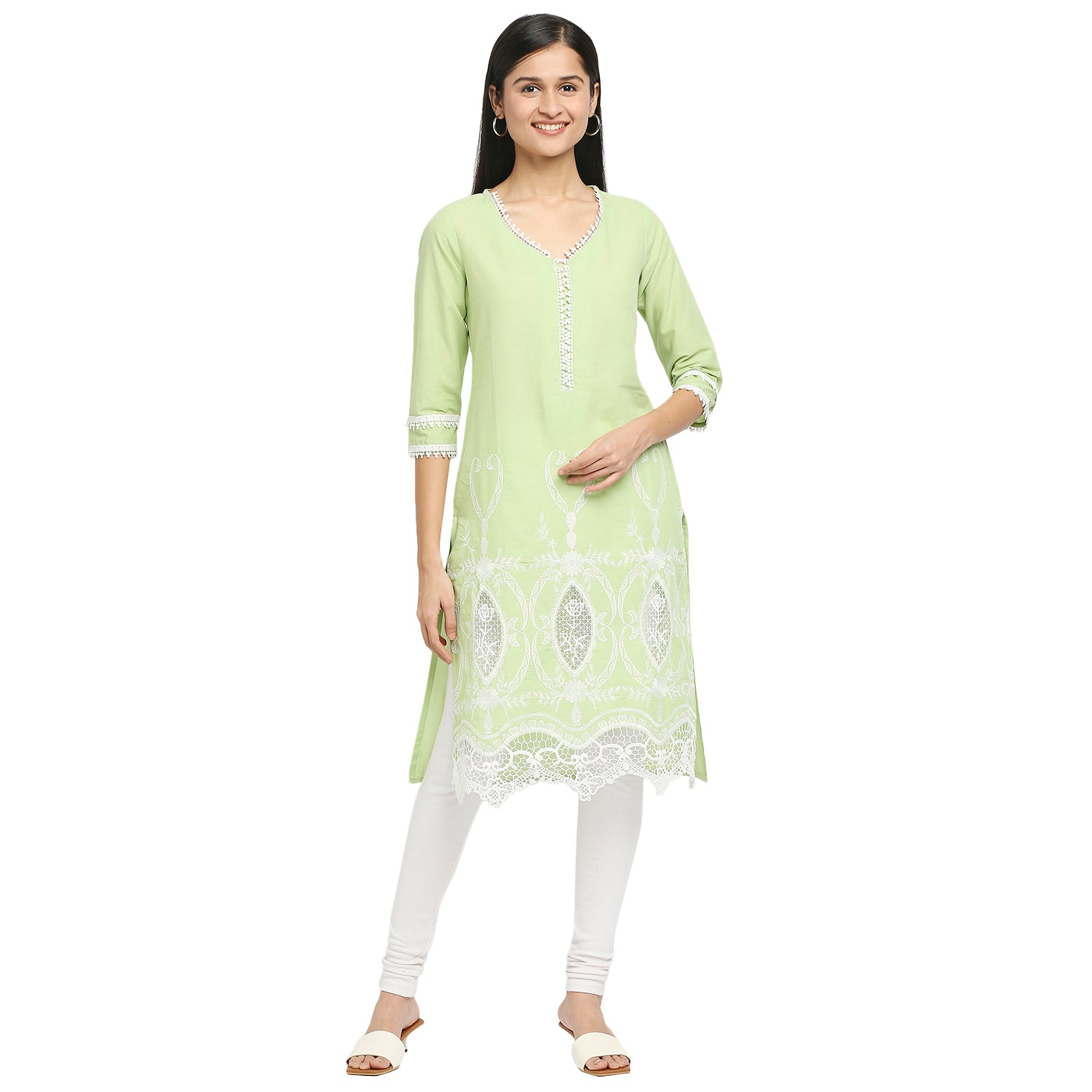 Women's Green Cotton Swiss Dot Printed Kurta