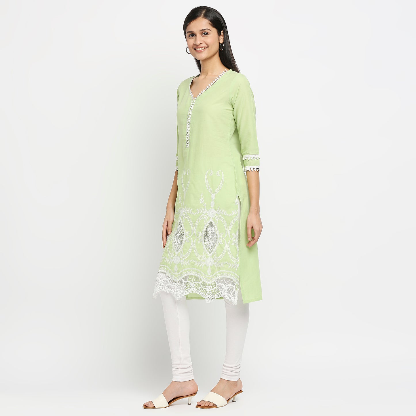Women's Green Cotton Swiss Dot Printed Kurta