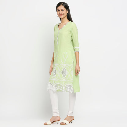 Women's Green Cotton Swiss Dot Printed Kurta