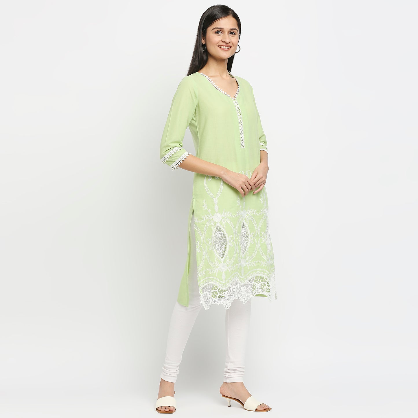 Women's Green Cotton Swiss Dot Printed Kurta