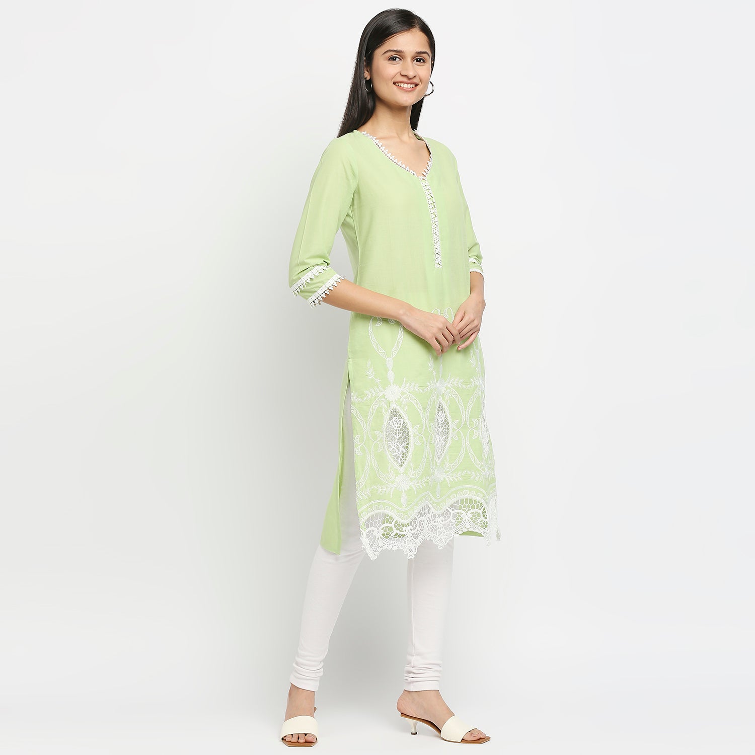Women's Green Cotton Swiss Dot Printed Kurta