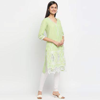 Women's Green Cotton Swiss Dot Printed Kurta