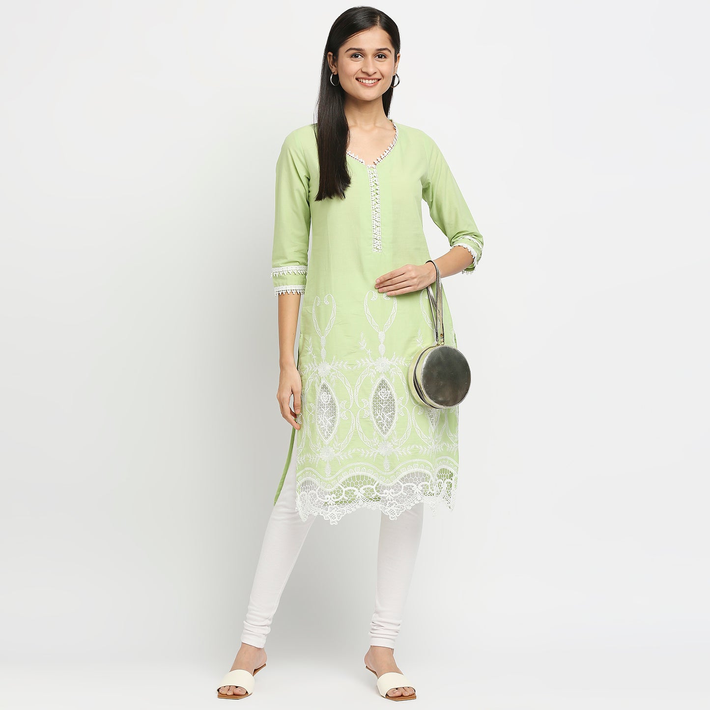 Women's Green Cotton Swiss Dot Printed Kurta