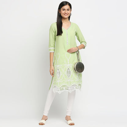 Women's Green Cotton Swiss Dot Printed Kurta