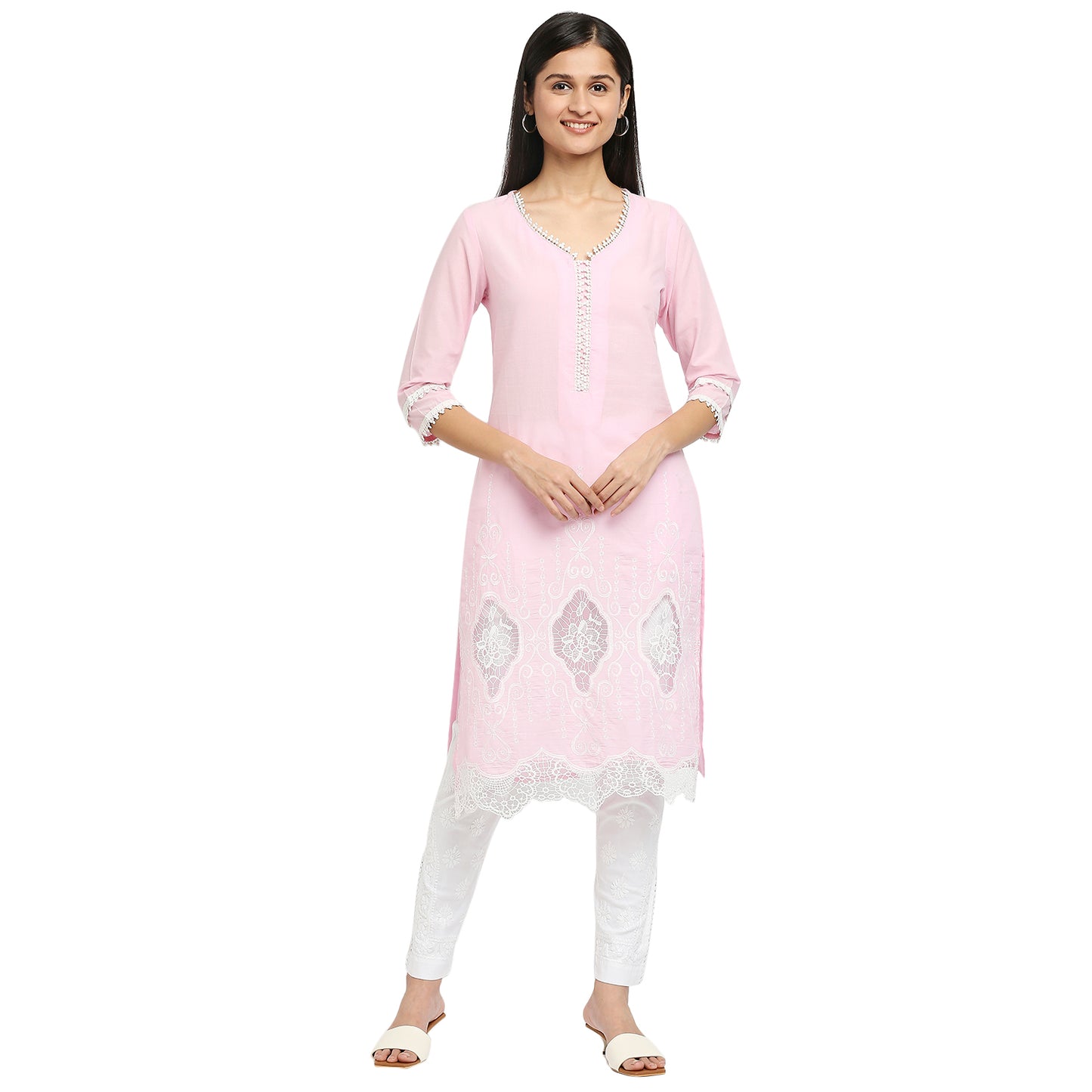 Women's Pink Cotton Swiss Dot Printed Kurta