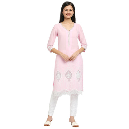 Women's Pink Cotton Swiss Dot Printed Kurta