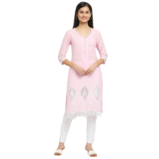 Women's Pink Cotton Swiss Dot Printed Kurta