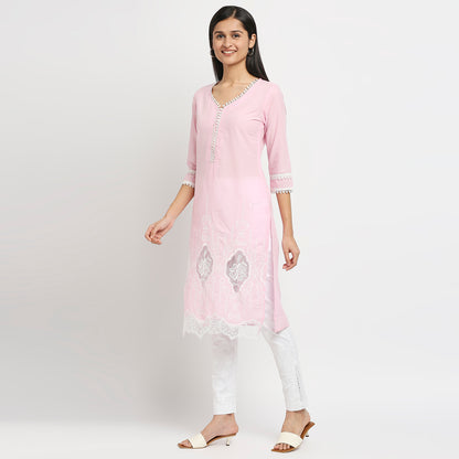Women's Pink Cotton Swiss Dot Printed Kurta