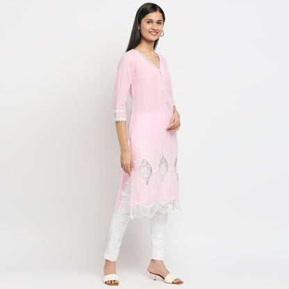 Women's Pink Cotton Swiss Dot Printed Kurta