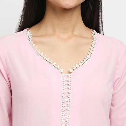 Women's Pink Cotton Swiss Dot Printed Kurta