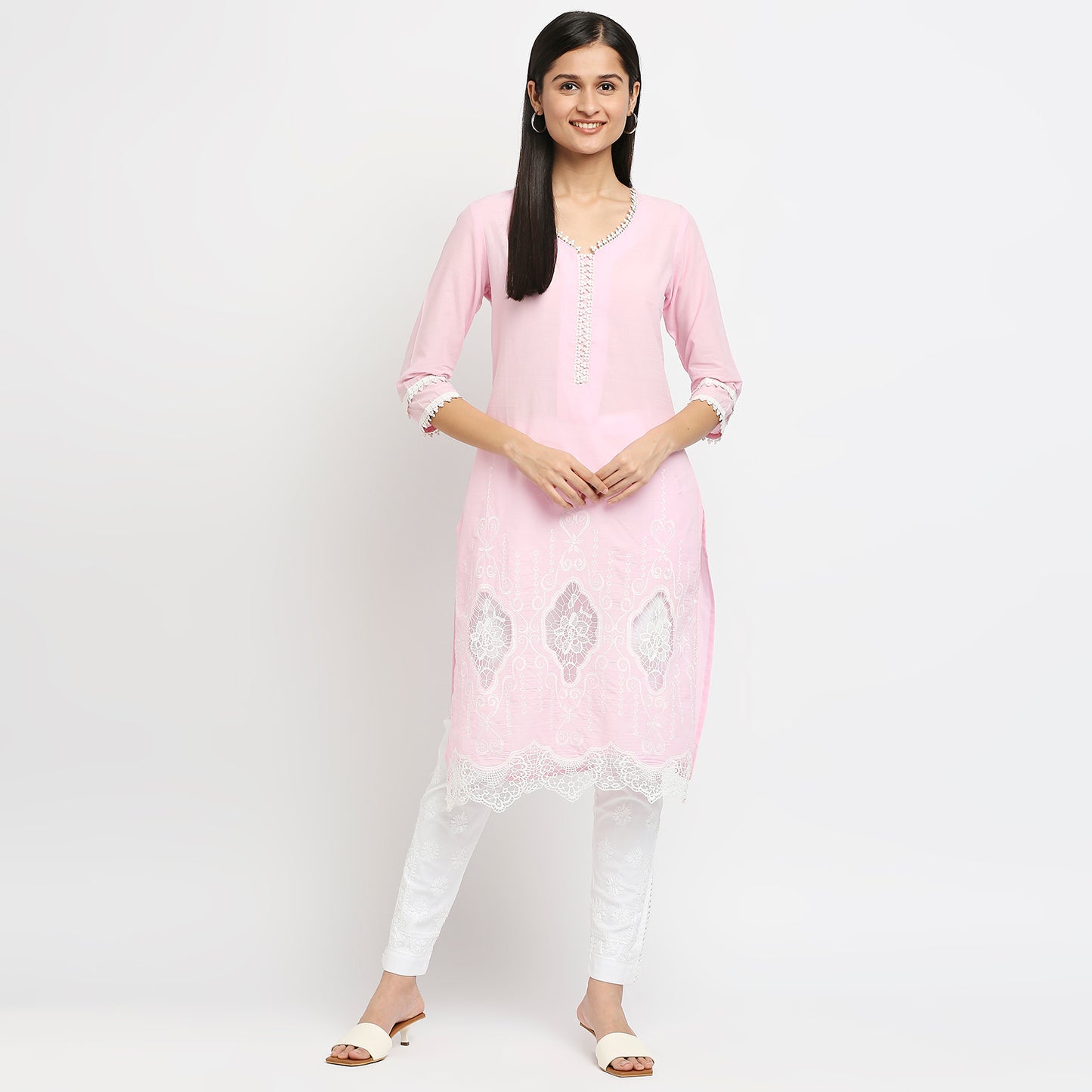 Women's Pink Cotton Swiss Dot Printed Kurta