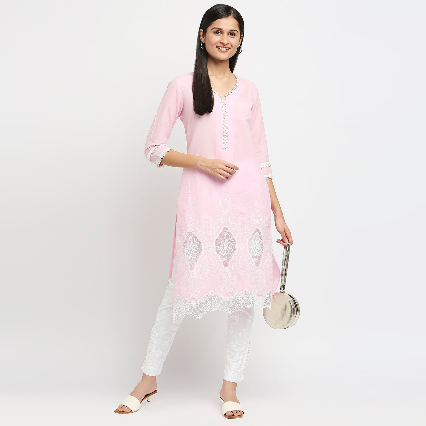 Women's Pink Cotton Swiss Dot Printed Kurta