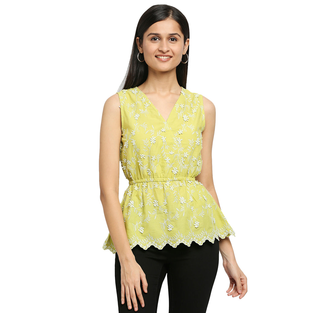 Women's Lime Green 60'S Cambric Solid Kurta