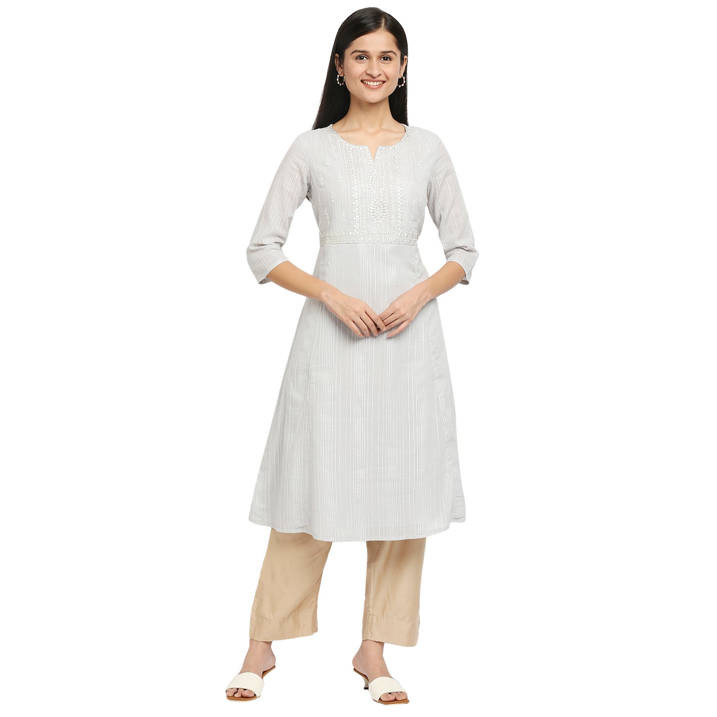 Women's Grey 60'S Cambric Embroidered Kurta