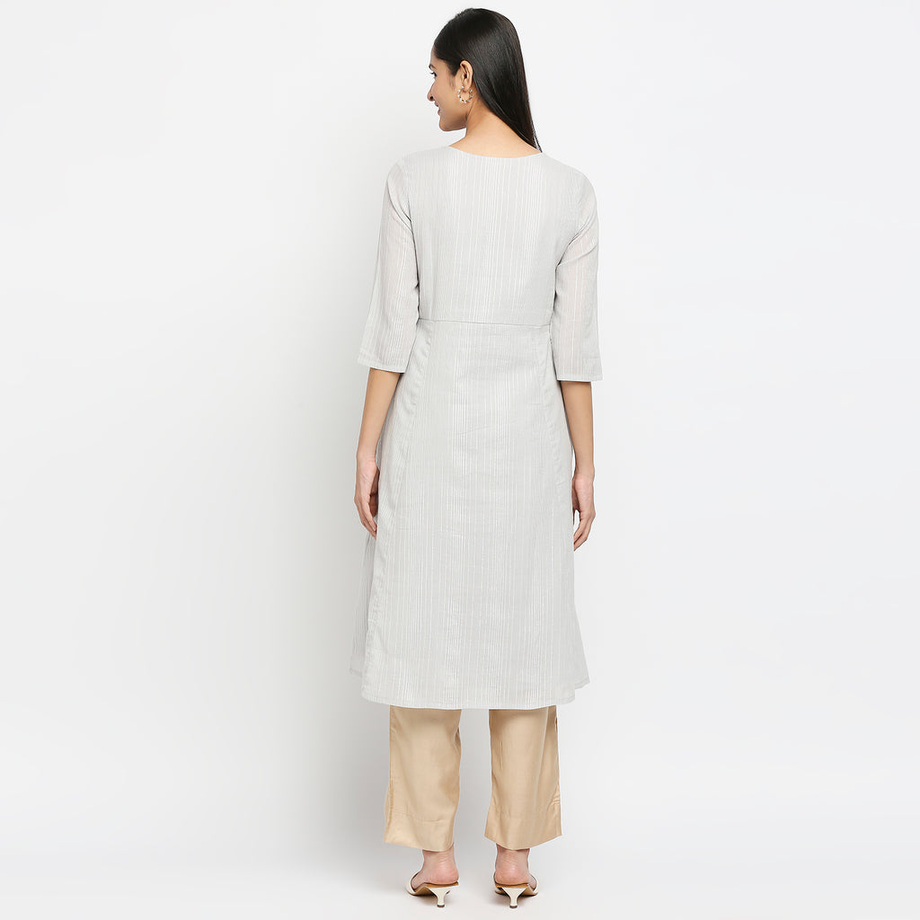 Women's Grey 60'S Cambric Embroidered Kurta