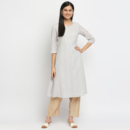 Women's Grey 60'S Cambric Embroidered Kurta