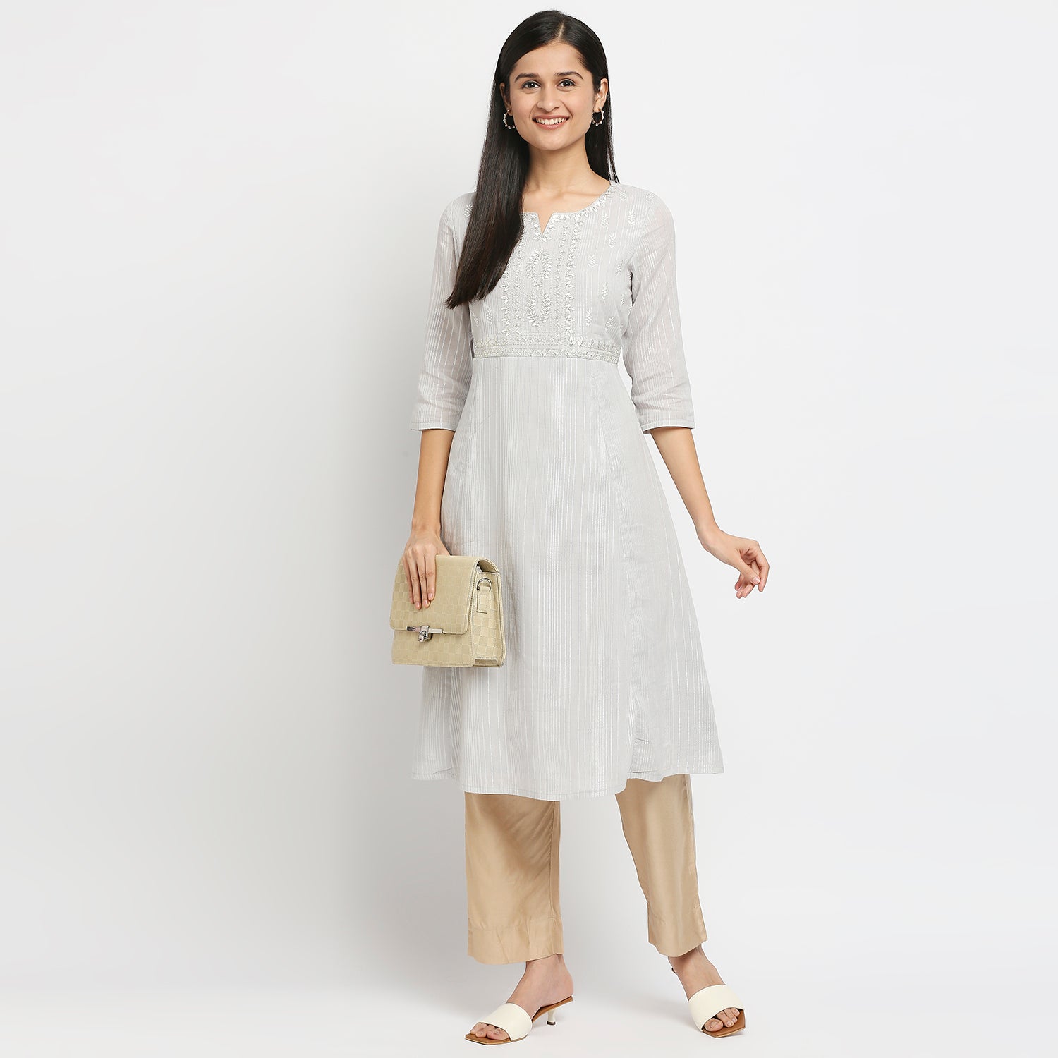 Women's Grey 60'S Cambric Embroidered Kurta