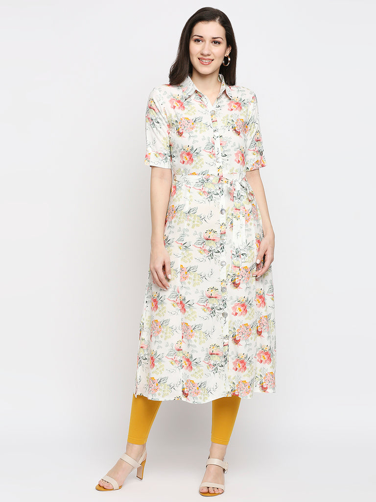Women's Off White Rayon Printed Fusion Topwear