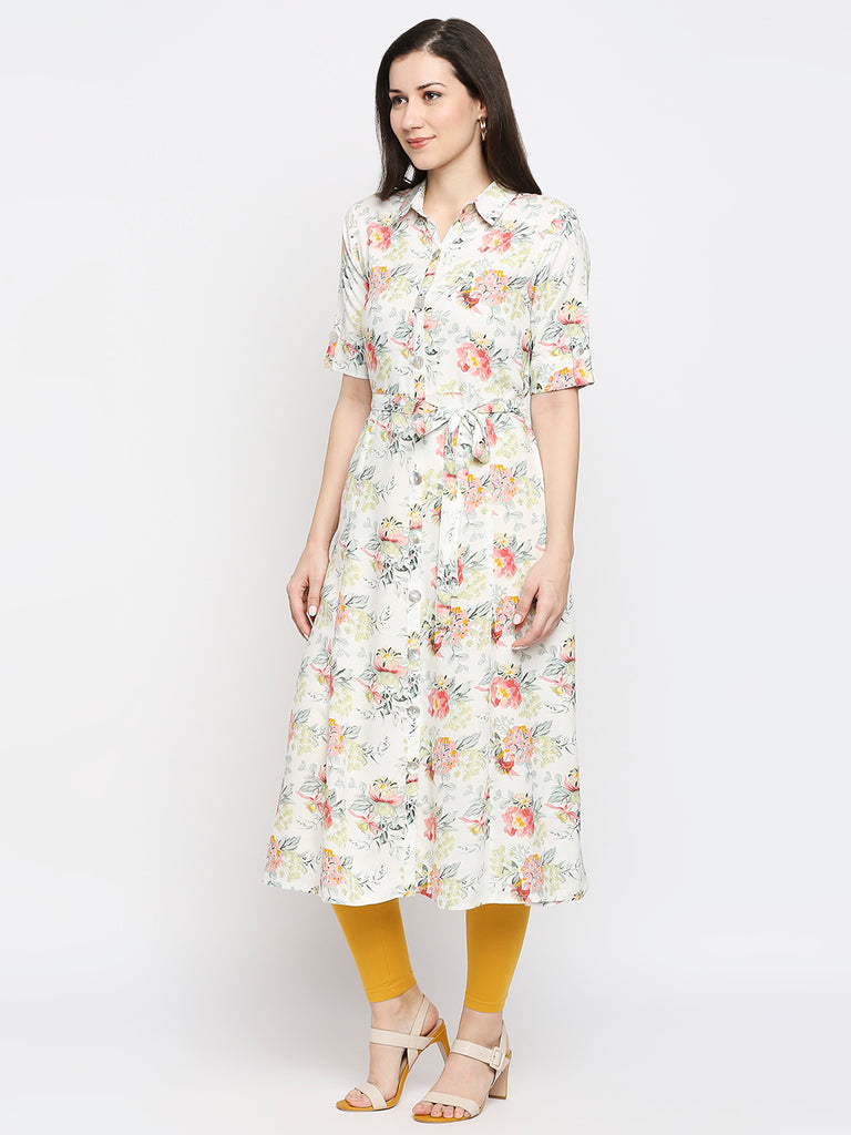 Women's Off White Rayon Printed Fusion Topwear
