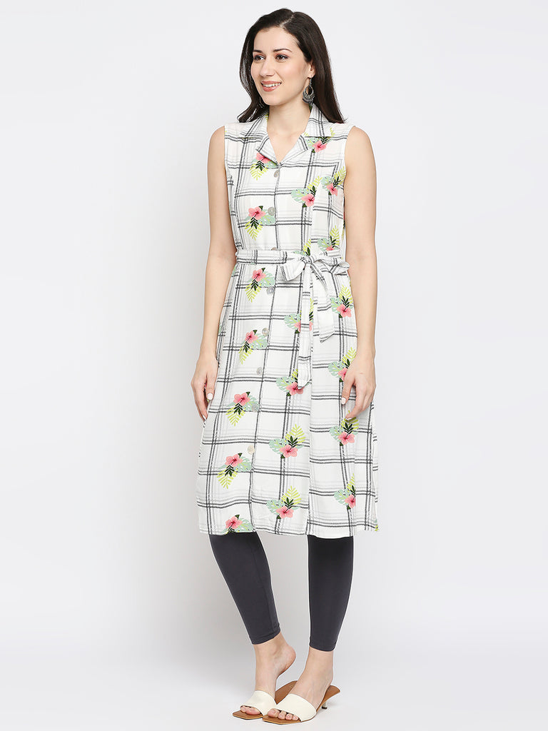 Women's Off White Rayon Slub Printed Fusion Topwear