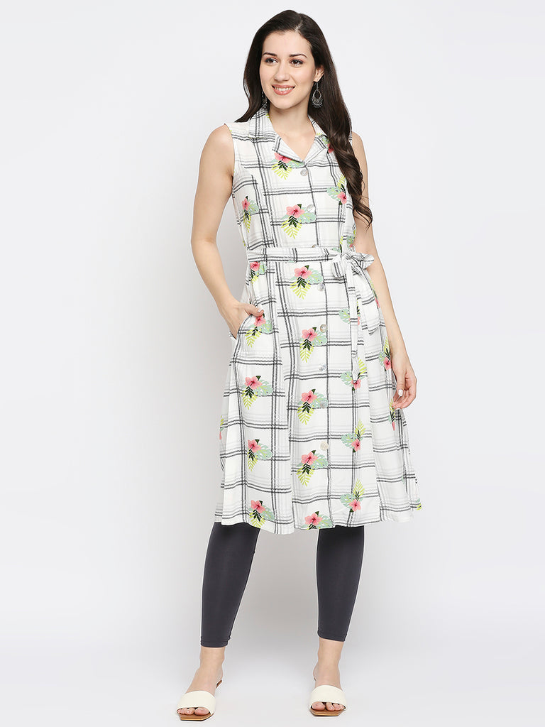 Women's Off White Rayon Slub Printed Fusion Topwear