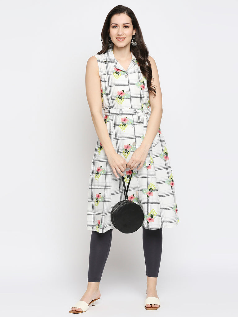Women's Off White Rayon Slub Printed Fusion Topwear