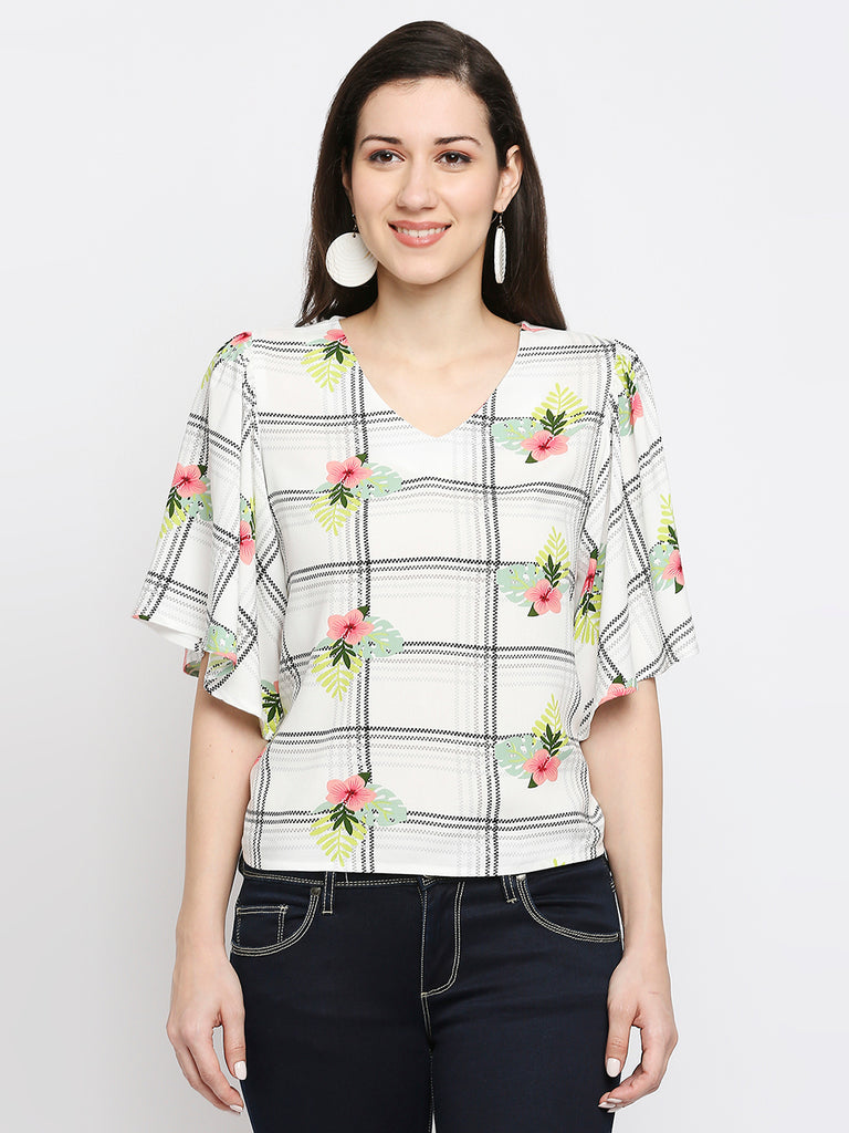 Women's Off White Rayon Slub Printed Fusion Topwear