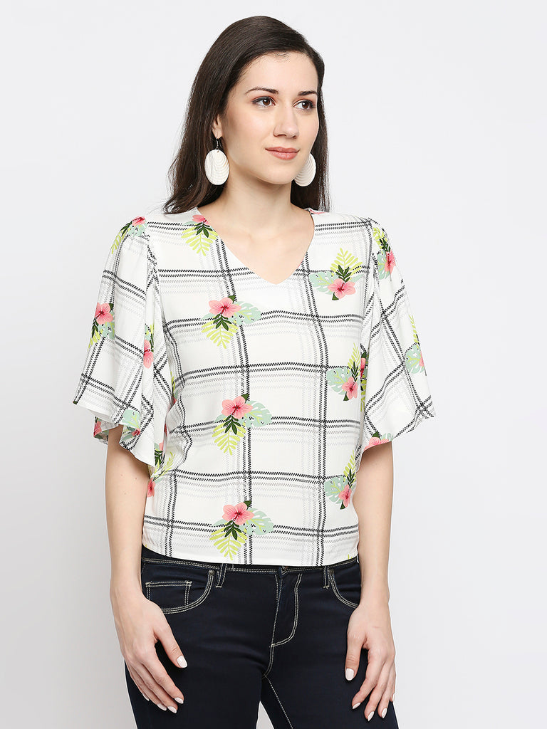 Women's Off White Rayon Slub Printed Fusion Topwear