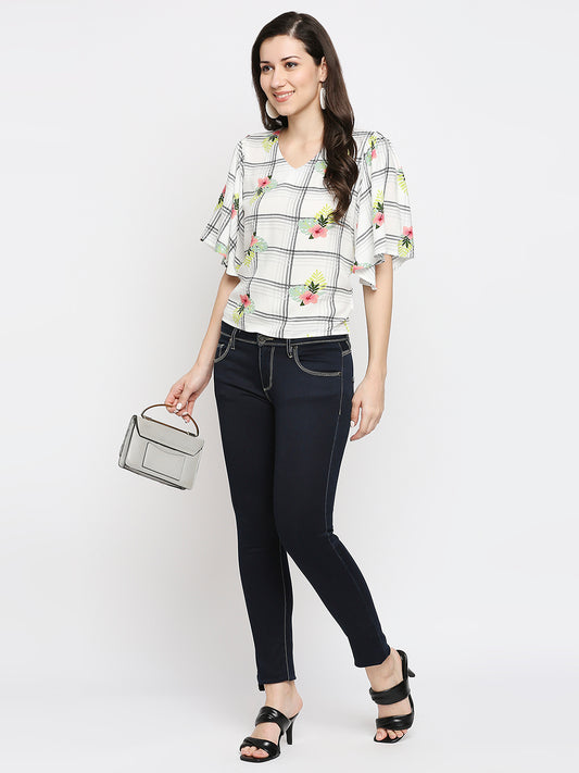 Women's Off White Rayon Slub Printed Fusion Topwear