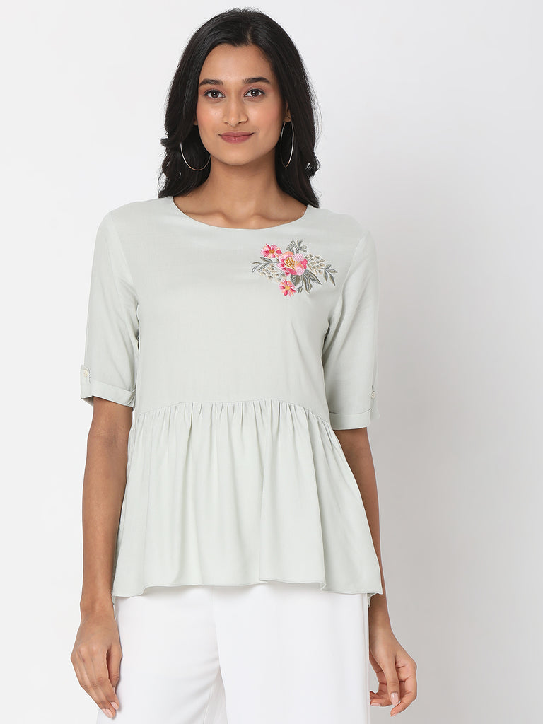 Women's Mint Rayon Embroidered Top