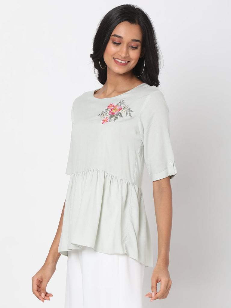 Women's Mint Rayon Embroidered Top