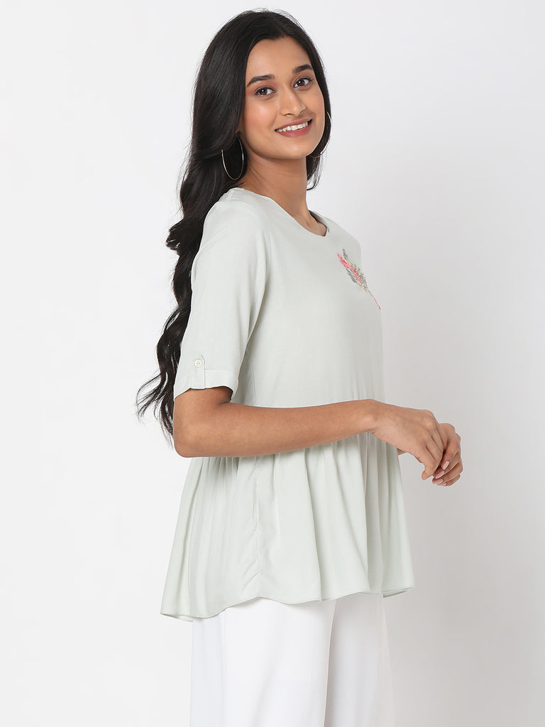 Women's Mint Rayon Embroidered Top