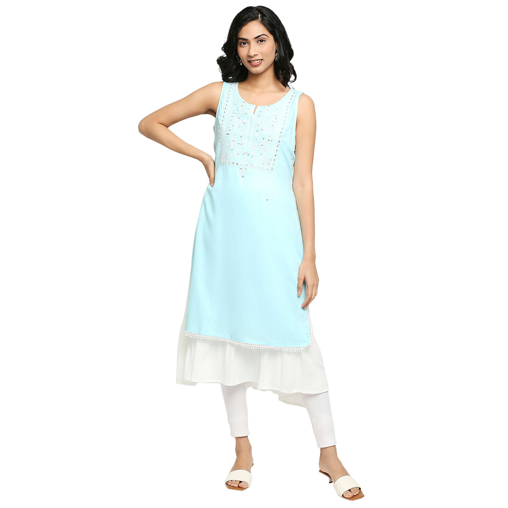 Women's Ice Blue Rayon Embroidered Kurta