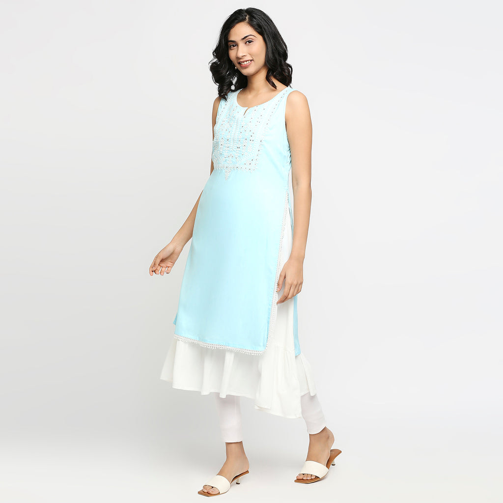 Women's Ice Blue Rayon Embroidered Kurta