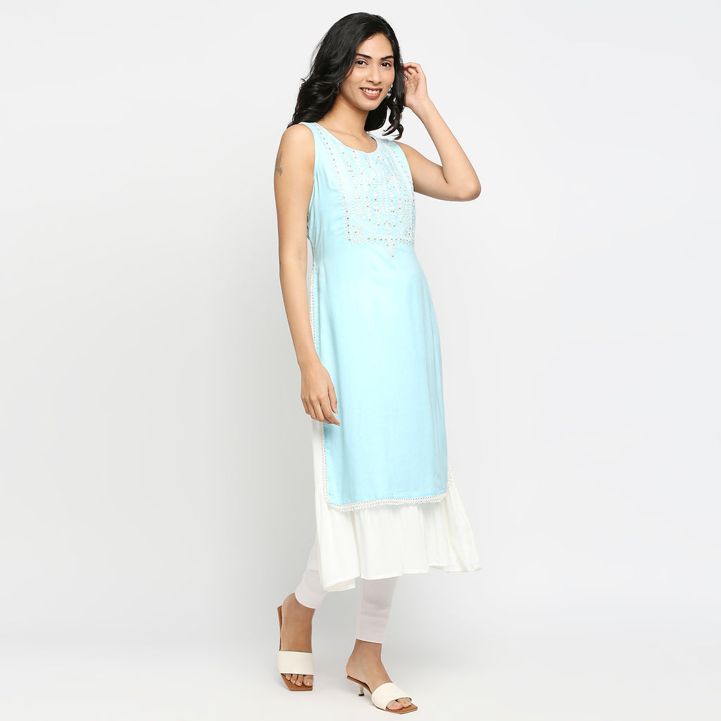 Women's Ice Blue Rayon Embroidered Kurta