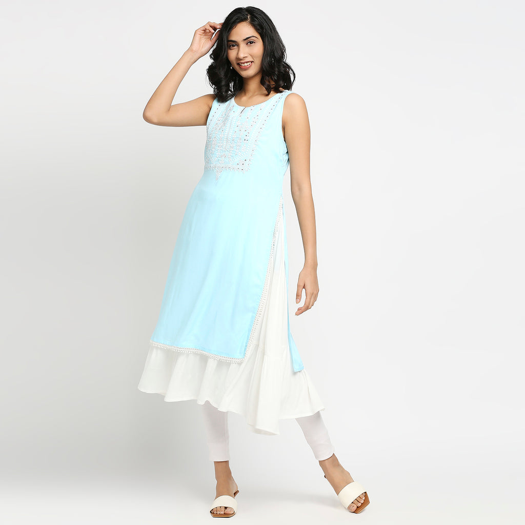Women's Ice Blue Rayon Embroidered Kurta