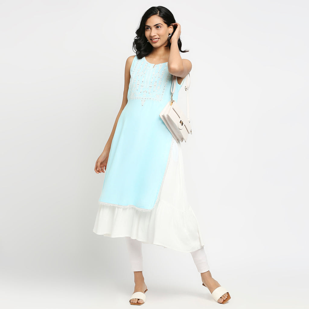 Women's Ice Blue Rayon Embroidered Kurta