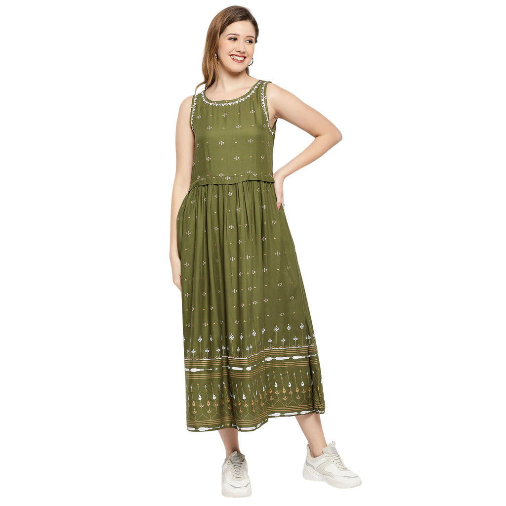 Women's Olive Rayon Embroidered Dress