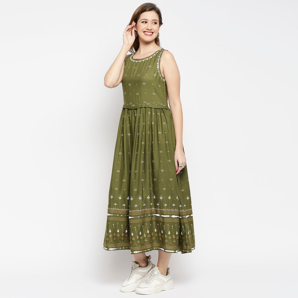 Women's Olive Rayon Embroidered Dress