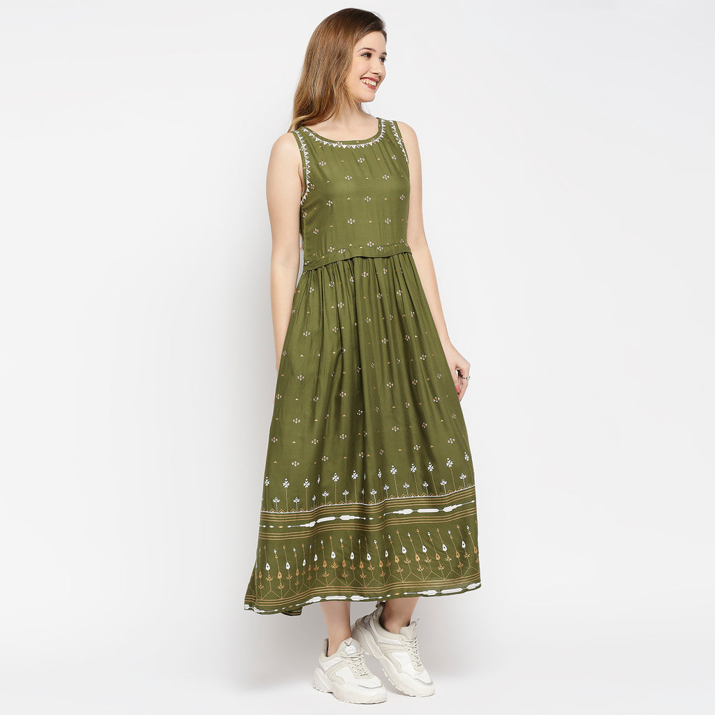 Women's Olive Rayon Embroidered Dress