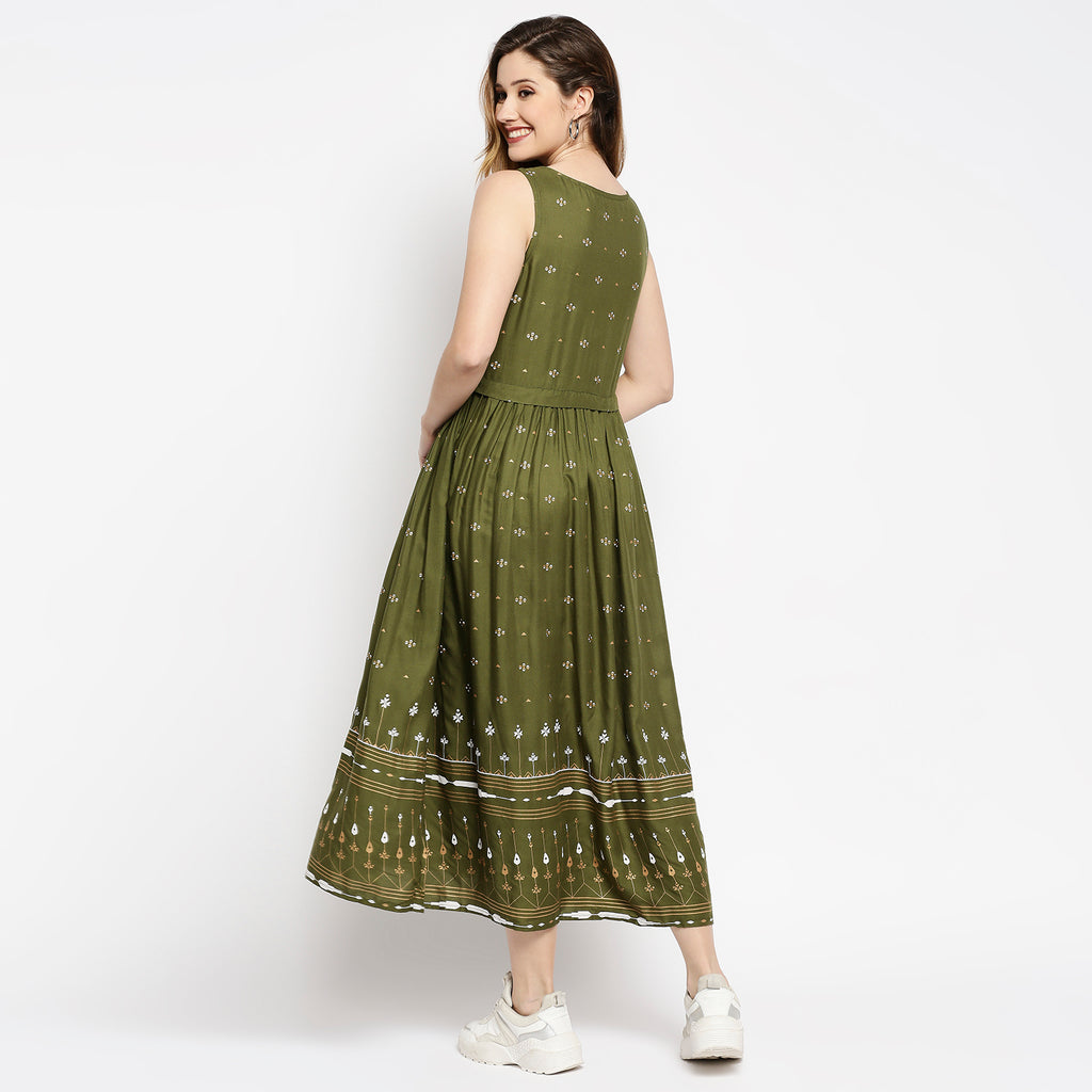 Women's Olive Rayon Embroidered Dress